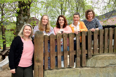Das Team 2025 (vlnr.): Katja Dickel (Kita-Leitung) und die Fachkräfte Stefanie Kroh,  Nicole Wetter, Sina Rickert sowie Julika Strietzel. Außerdem gehören eine Bürokraft, eine Reinigungskraft und ein Hausmeister zum Team.