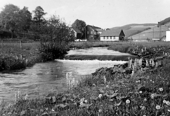 Flusslauf der Odeborn mit Wehr im Mai 1960.